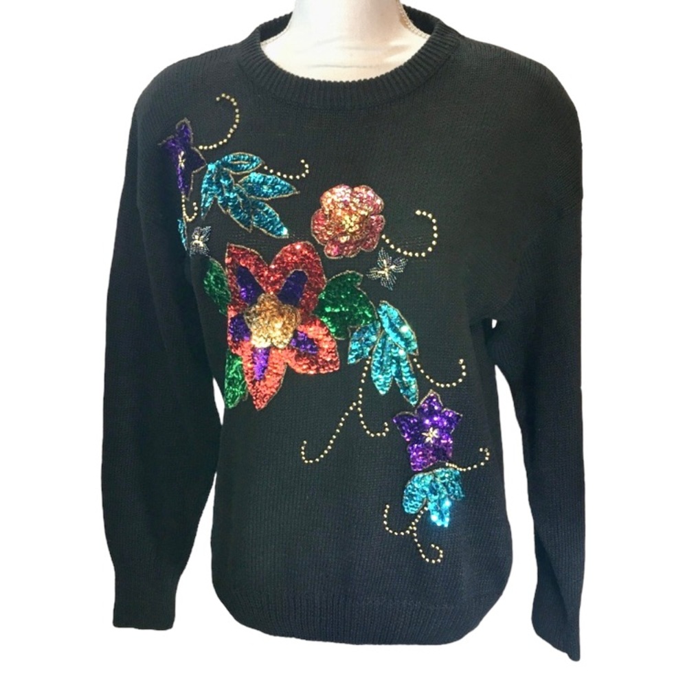 SARIT Vintage Colorful Floral Sequin Sweater Sz M